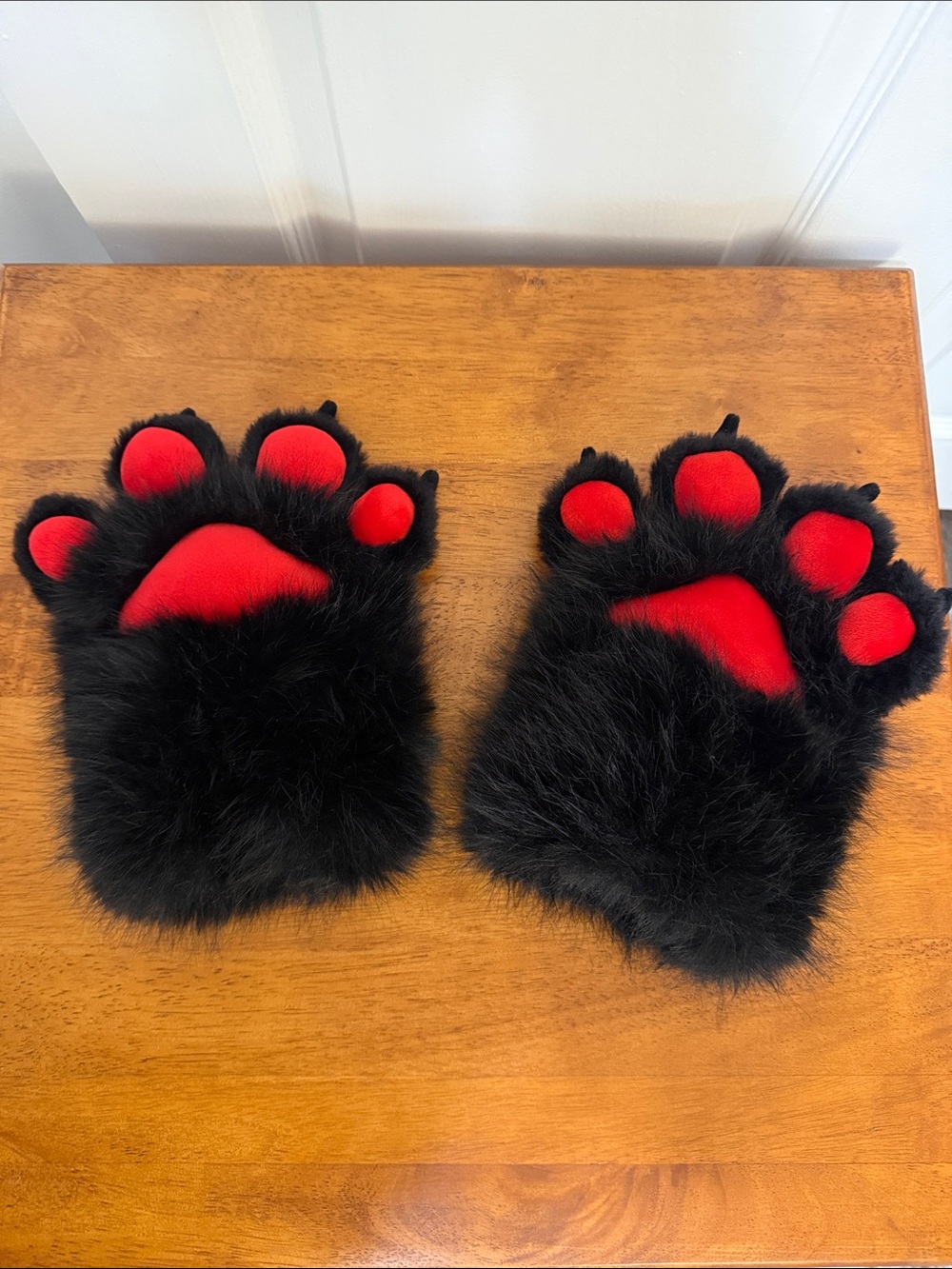 Kids Black Fuzzy Paw Gloves with Red Paw Pads - Halloween Costume